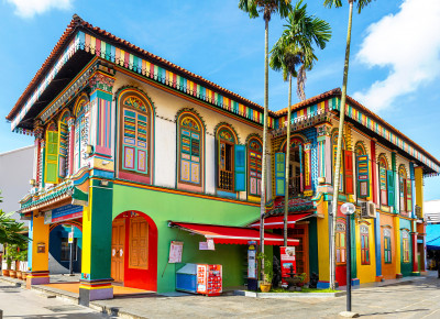 Façade de bâtiment colorée, Little India, Singapour