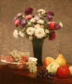 Des Asters et des fruits sur une table