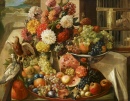Nature morte avec des oiseaux, des fleurs et des fruits