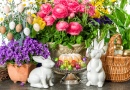 Fleurs de Pâques, oeufs et lapins