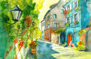 Peinture à l'eau d'une rue d'été