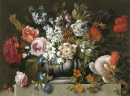 Nature morte de fleurs avec un perroquet