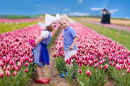 Des jeunes Hollandais dans un champ de tulipes