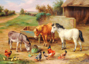 Un âne, des poneys et des poules dans une ferme