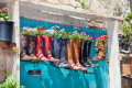 Vieilles bottes en pots de fleurs