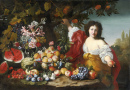 Nature morte avec des fruits et un personnage