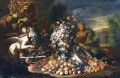 Nature morte avec des fleurs et une fontaine
