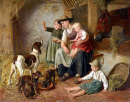 Une mère et ses enfants dans une étable