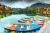 Boatson coloré le lac Fusine, Italie