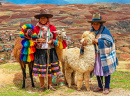 Deux femmes avec deux lamas et un alpaga