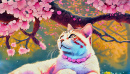 Un chat mignon moelleux avec des fleurs de cerisier