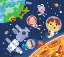 Astronautes près de la Station spatiale et de la Lune