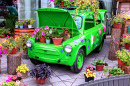 Fleurs avec une voiture rétro verte