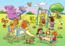 Enfants et animaux sur l’aire de jeux