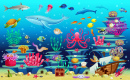 Big Set of Coral Reef With Algae Tropical Fish, A Whale, An Octopus, A Turtle, Jellyfish, A Shark, An Angler Fish, A Seahorse, A