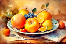 Assiette de fruits sur la table, aquarelle