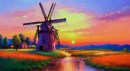 coucher de soleil coloré et un moulin à vent, peinture à l’huile