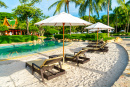 Parasols et chaises longues près de la piscine extérieure