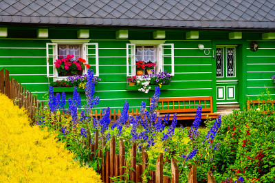 Façade de chalet colorée et fleurs épanouies