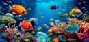 Tropical Sea Underwater Fishes On Coral Reef. Aquarium Oceanarium Wildlife Colorful Marine Panorama Landscape Nature Snorkel Div