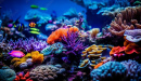 Brilliant coral reef with striped fish