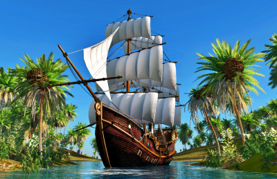 Galion historique naviguant à travers un lagon tropical