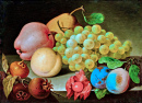 Nature morte avec des fruits et une rose sur une corniche de pierre