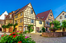 Fontaine et maisons à colombages à Riquewihr