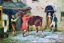 Un gentleman montant à cheval devant une taverne